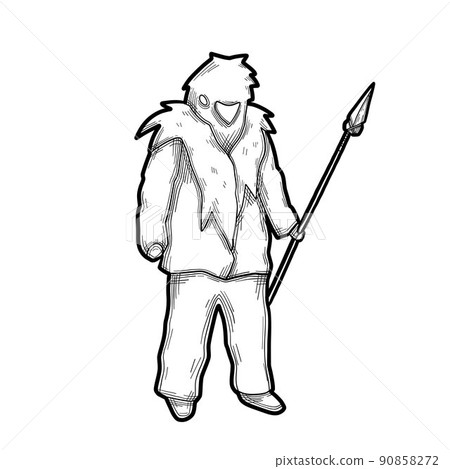 Graphic caveman in an wooly animal skin standing with a spear. 90858272