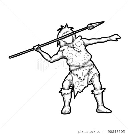 Graphic caveman fighting or hunting with a spear 90858305