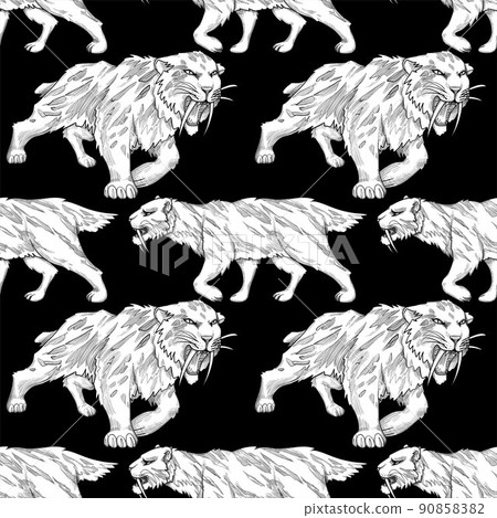 Repeated seamless pattern of a graphic saber-toothed cat. Repeated seamless pattern of a graphic saber-toothed cat. 90858382