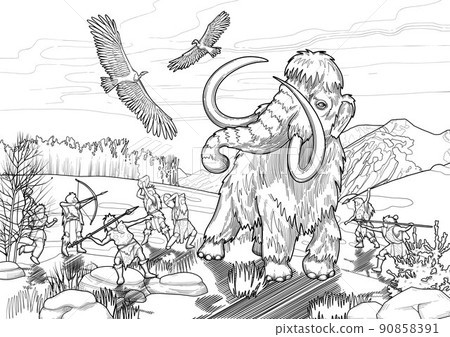 Graphic scene of cavemen hunting on a mammoths 90858391