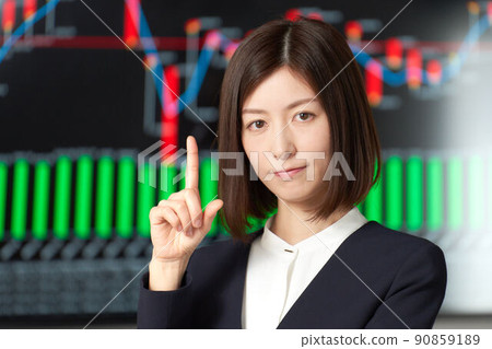 Business woman securities analyst trader image deciding a pose in front of the chart screen 90859189