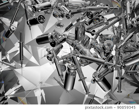 Syringes and medicine vials flow and scatter over kaleidoscope abstraction Syringes and medicine vials flow and scatter over kaleidoscope abstraction 90859345