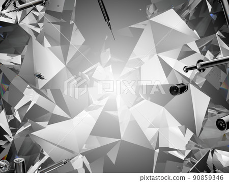 Syringes and medicine vials flow and scatter over kaleidoscope abstraction 90859346