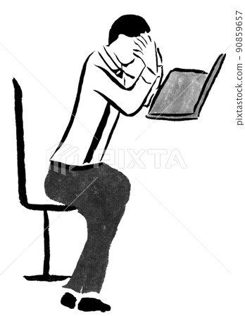 A businessman who operates a laptop while sitting (illustration of a hand-painted person in ink) 90859657