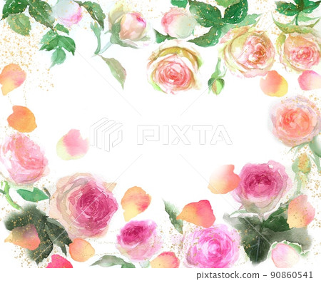 粉紅玫瑰 Pierre de Ronsard 花環水彩手繪插圖 90860541