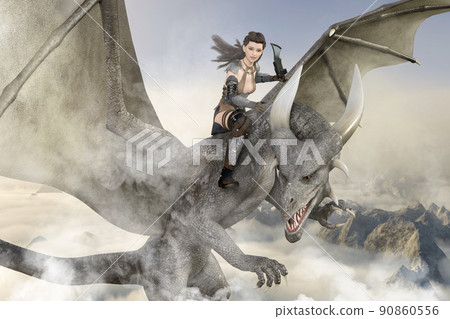 An armed female warrior straddles a legendary dragon and flies overhead to fight enemies. 3D illustration 3D rendering An armed female warrior straddles a legendary dragon and flies overhead to fight enemies. 3D illustration 3D rendering 90860556