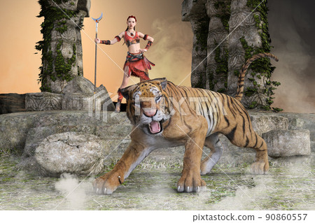 A female warrior and a fierce tiger protect the historic site. A female warrior and a fierce tiger protect the historic site. 90860557