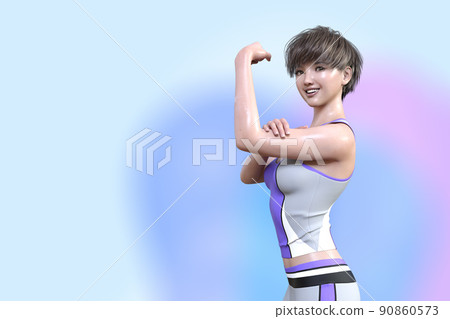 一個穿著短髮運動衫的女孩展示她訓練有素的手臂並握拳 90860573