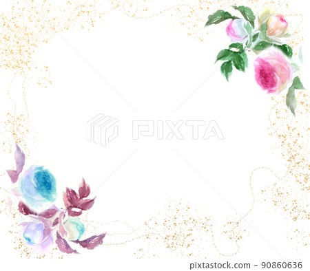 粉紅玫瑰 Pierre de Ronsard 花環和金粉水彩手繪插圖 90860636