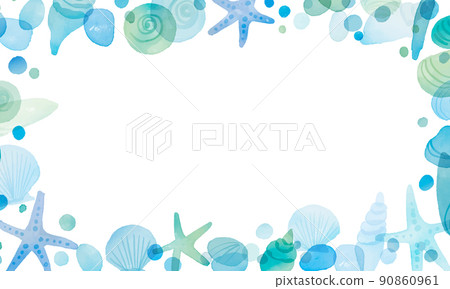 Watercolor. Summer shell vector frame with watercolor touch. Refreshing blue seashell background. Watercolor. Summer shell vector frame with watercolor touch. Refreshing blue seashell background. 90860961