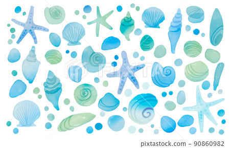 Watercolor. Summer shell vector illustration with watercolor touch. Refreshing blue seashell background. 90860982