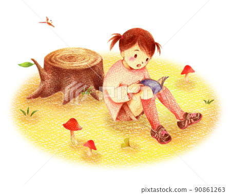 秋田裡看書的雙尾女孩手繪彩色鉛筆劃 90861263