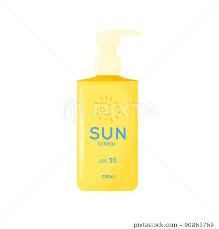 Skin care product. Sun safety, UV protection spray. Tube of sunscreen product with SPF. Summer cosmetic. Flat vector illustration isolated on white background. Skin care product. Sun safety, UV protection spray. Tube of sunscreen product with SPF. Summer cosmetic. Flat vector illustration isolated on white background. 90861769