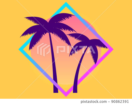 80s palm trees at sunset. Summer time. Retro futuristic sun. Synthwave and retrowave style. Design for advertising brochures, banners and posters. Vector illustration 90862391