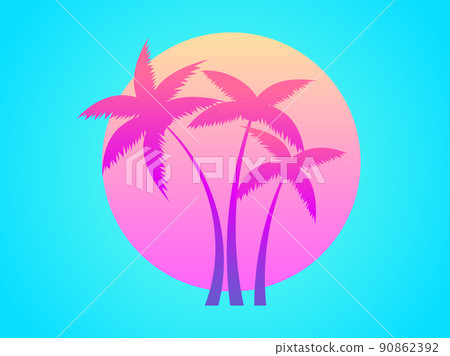 Two palm trees on a sunset 80s retro sci-fi style. Summer time. Futuristic gradient palm trees and sun. Design for advertising brochures, banners, posters, travel agencies. Vector illustration 90862392