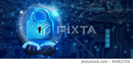 Business Hand holding Padlock with Keyhole and Network wireframe over blue background abstract. Cyber attack block, Cyber data, and Information privacy, and Future technology security Concept.  90862708