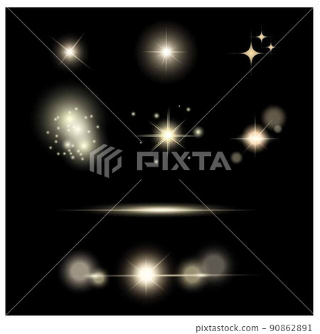 Yellow horizontal lens flare light halo. Extreme light beam, horizontal ray. Beautiful light halo. A brilliant pattern on a deep-colored background. Bright abstract flash flash 90862891