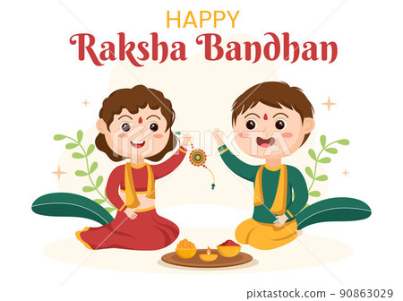 Happy Raksha Bandhan Cartoon Illustration with Sister Tying Rakhi on Her Brothers Wrist to Signify Bond of Love in Indian Festival Celebration Happy Raksha Bandhan Cartoon Illustration with Sister Tying Rakhi on Her Brothers Wrist to Signify Bond of Love in Indian Festival Celebration 90863029