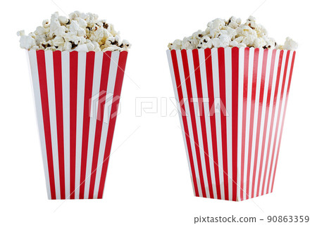 Popcorn in a paper bucket with striped 90863359