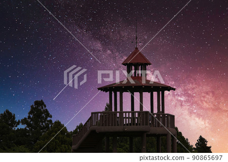 Night view of a cute observatory with a red roof at a tourist spot Night view of a cute observatory with a red roof at a tourist spot 90865697