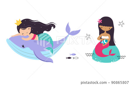 Cute Mermaid with Fish Tail and Wavy Hair on Whale Floating Underwater Vector Illustration Set Cute Mermaid with Fish Tail and Wavy Hair on Whale Floating Underwater Vector Illustration Set 90865807