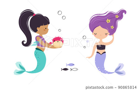 Cute Mermaid with Fish Tail and Wavy Hair Floating Underwater Vector Illustration Set Cute Mermaid with Fish Tail and Wavy Hair Floating Underwater Vector Illustration Set 90865814