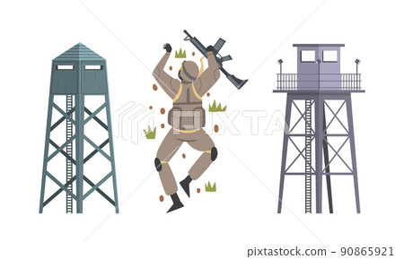 Tall Military Observation Tower as Structure Used in Army and Soldier Bellying on the Ground Vector Illustration Set Tall Military Observation Tower as Structure Used in Army and Soldier Bellying on the Ground Vector Illustration Set 90865921