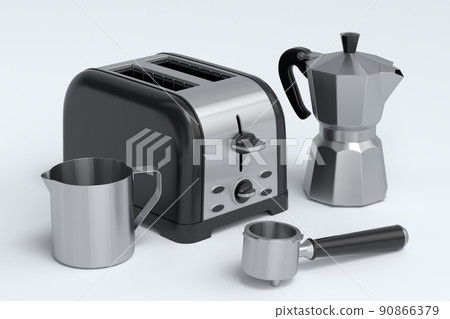 Toaster, coffee machine horn and geyser coffee maker on white background. Toaster, coffee machine horn and geyser coffee maker on white background. 90866379