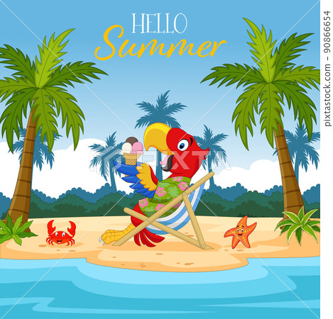 Cartoon parrot eating ice cream on a tropical island 90866654