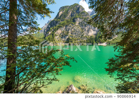 Pragser Wildsee or Lago di Braies and Mountain range of Sasso del Signore - Trentino Italy Pragser Wildsee or Lago di Braies and Mountain range of Sasso del Signore - Trentino Italy 90866914