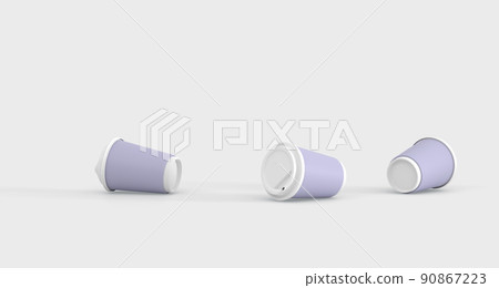 Used disposable cups lying on floor. Blank purple plastic or paper mugs for takeaway hot drinks, coffee or tea cups on white studio background. Concept of recycle trash, discarded garbage, 3d render 90867223