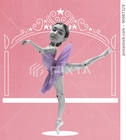 Contemporary art collage with young ballerina with drawn doll-puppet body dancing on colored background. Concept of art, creativity, surrealism, ideas 90867329