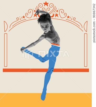 Contemporary art collage with sad ballet dancer with drawn doll-puppet body dancing on colored background. Concept of art, creativity, surrealism, ideas Contemporary art collage with sad ballet dancer with drawn doll-puppet body dancing on colored background. Concept of art, creativity, surrealism, ideas 90867342