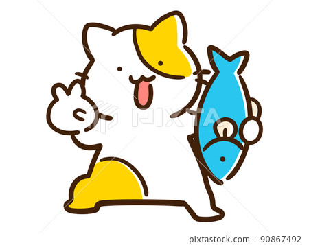 一隻通過釣魚獲得魚的可愛貓的變形插圖 90867492