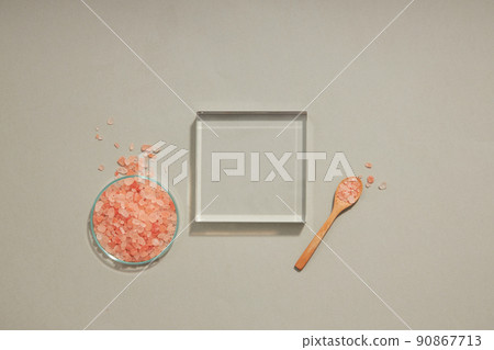 Top view of halit himalaya decorated with transparent podium in white background Top view of halit himalaya decorated with transparent podium in white background 90867713