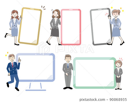 設備/電腦和西裝中的男女框架微笑 90868935