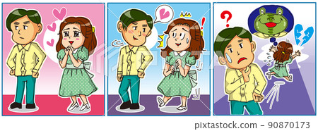 A three-frame cartoon of a woman who runs away by activating the frog phenomenon as soon as she is turned to favor even though she has a crush A three-frame cartoon of a woman who runs away by activating the frog phenomenon as soon as she is turned to favor even though she has a crush 90870173