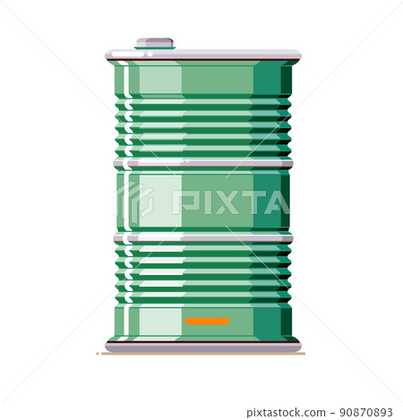 Colorful metal barrel with cap for storage and transportation liquid. Isolated drum on white background. Flat cartoon tank for poster, web design, banner, icon, logo or badge. Vector illustration. 90870893