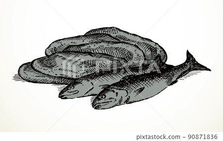 Vector still life from the biblical story: loaves and fishes Vector still life from the biblical story: loaves and fishes 90871836