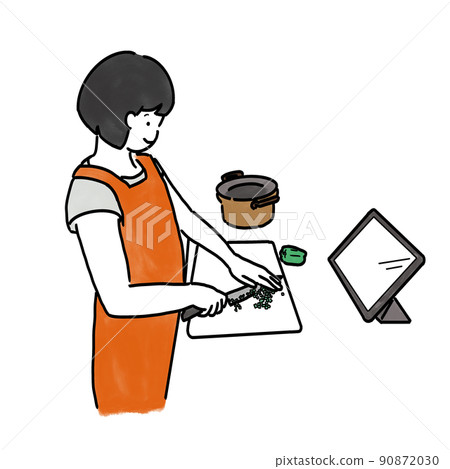 A woman cooking while watching a tablet - Stock Illustration [90872030