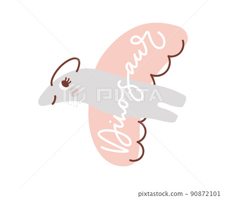 Cute little dinosaur with wings, flying funny baby with text Dinosaur Fairy tale character Cartoon style Vector scandinavian illustration 90872101