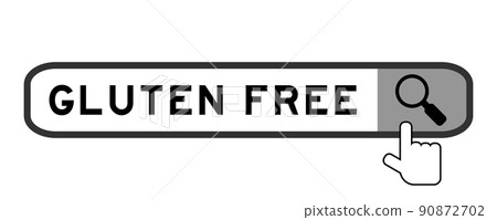 Search banner in word gluten free with hand over magnifier icon on white background 90872702