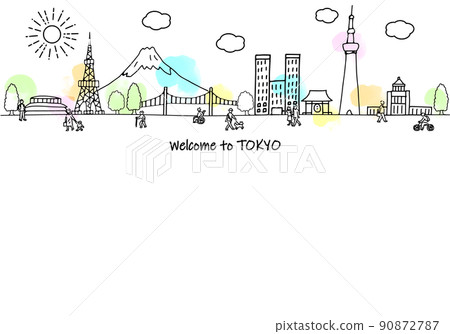 東京旅遊目的地和人物的簡單線條畫插圖 90872787