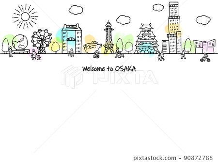 Simple line drawing illustrations of cityscapes and people in sightseeing spots in Osaka 90872788