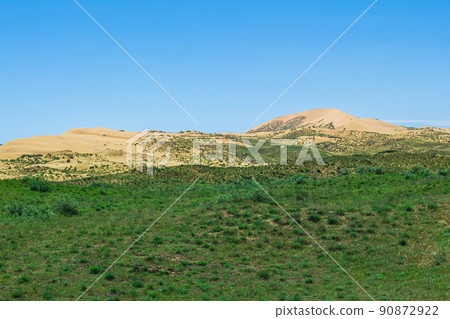 semi-desert landscape in the vicinity of the Sarykum sand dune 90872922
