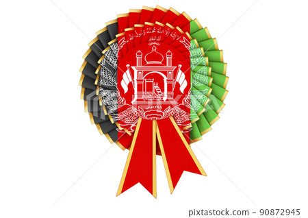 Afghan flag painted on the award ribbon rosette. 3D rendering Afghan flag painted on the award ribbon rosette. 3D rendering 90872945