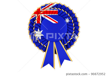Australian flag painted on the award ribbon rosette. 3D rendering Australian flag painted on the award ribbon rosette. 3D rendering 90872952