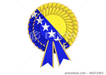 Bosnian flag painted on the award ribbon rosette. 3D rendering Bosnian flag painted on the award ribbon rosette. 3D rendering 90872963