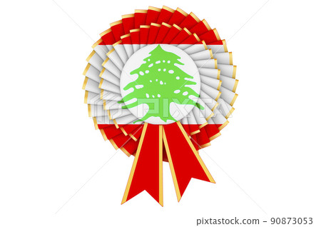 Lebanese flag painted on the award ribbon rosette. 3D rendering Lebanese flag painted on the award ribbon rosette. 3D rendering 90873053