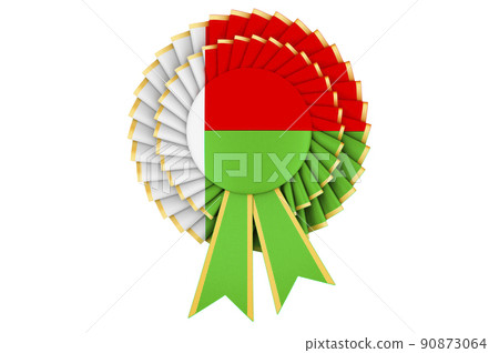 Madagascar flag painted on the award ribbon rosette. 3D rendering Madagascar flag painted on the award ribbon rosette. 3D rendering 90873064